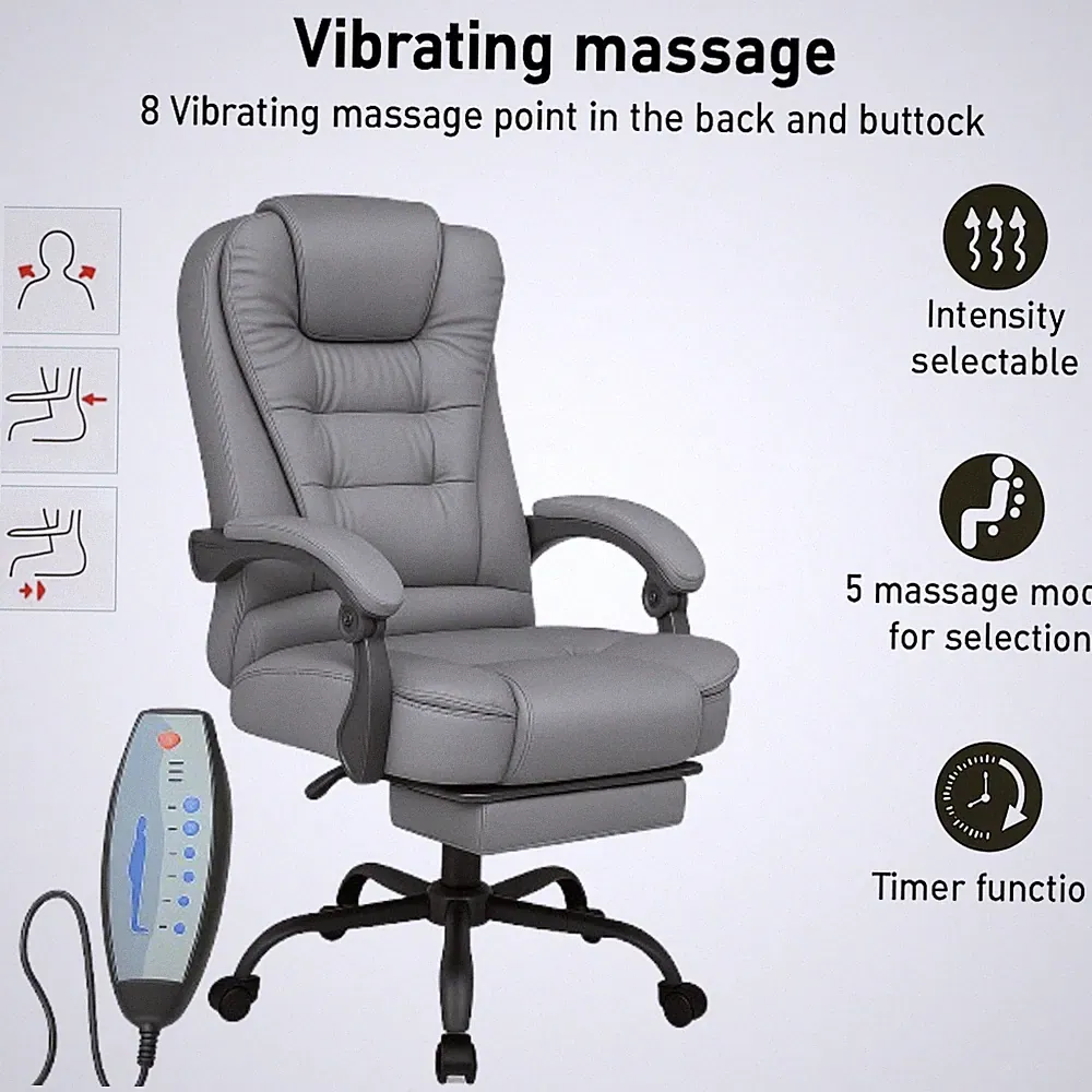 8PointMassageOfficeChair GamingComputerDesk Swivel ReclinerChair LeatherFootrest