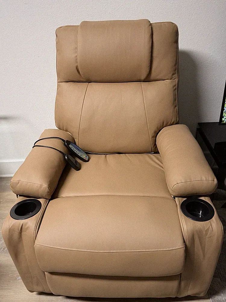 Beige Faux Leather Electric Massage Chair Heated Wave Pulse Remote Cup Holder