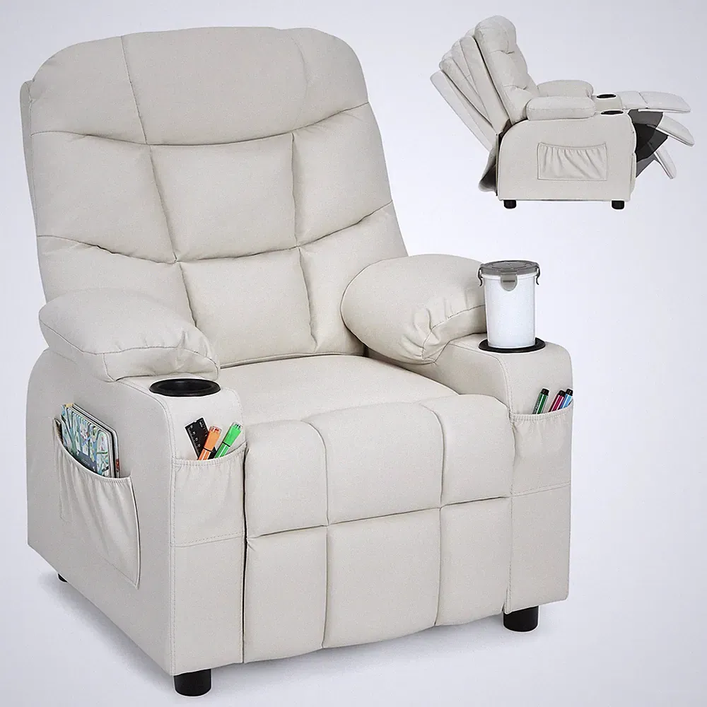 Costway Kids Youth Recliner Chair PU Leather w/Cup Holders & Side Pockets Beige