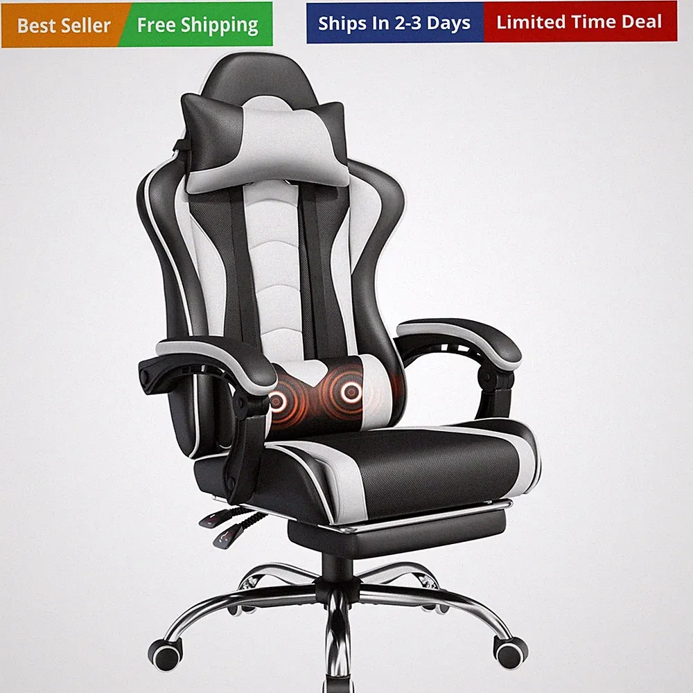 Gaming Chair, Video Game Chair with Massage Lumbar Support and Footrest Heigh...