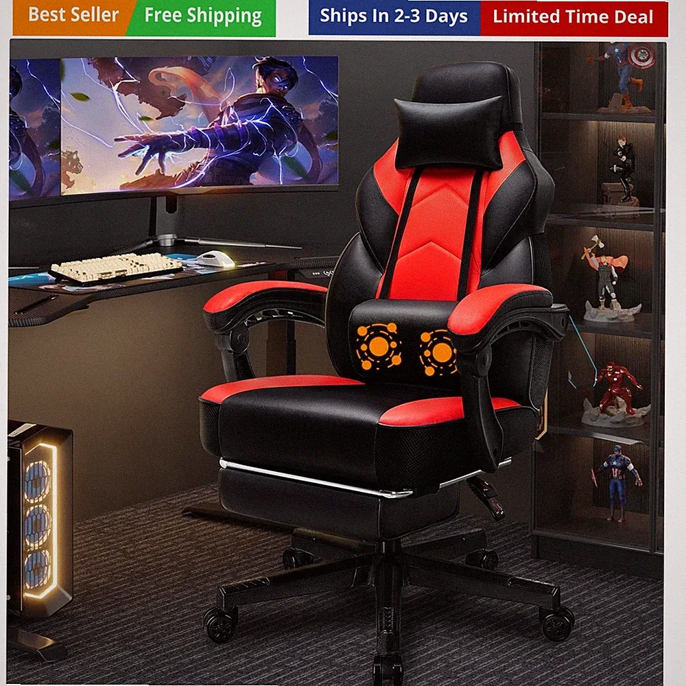 Gaming Chair with Footrest, Massage Lumbar Support, Height Adjustment, and 36...