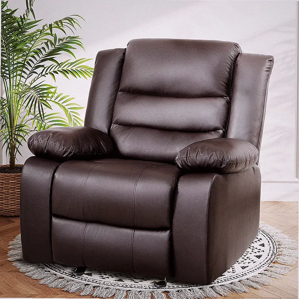Home Theater Oversized Recliner Swivel Rocking Chair Brown Leather
