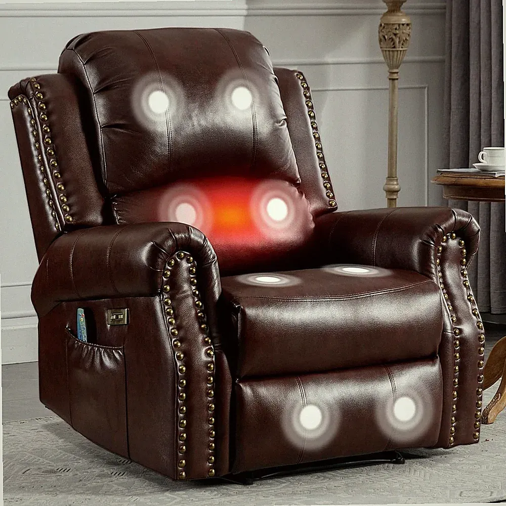 Massage & Heat Power Recliner Chair, Faux Leather, USB, Caramel Brown
