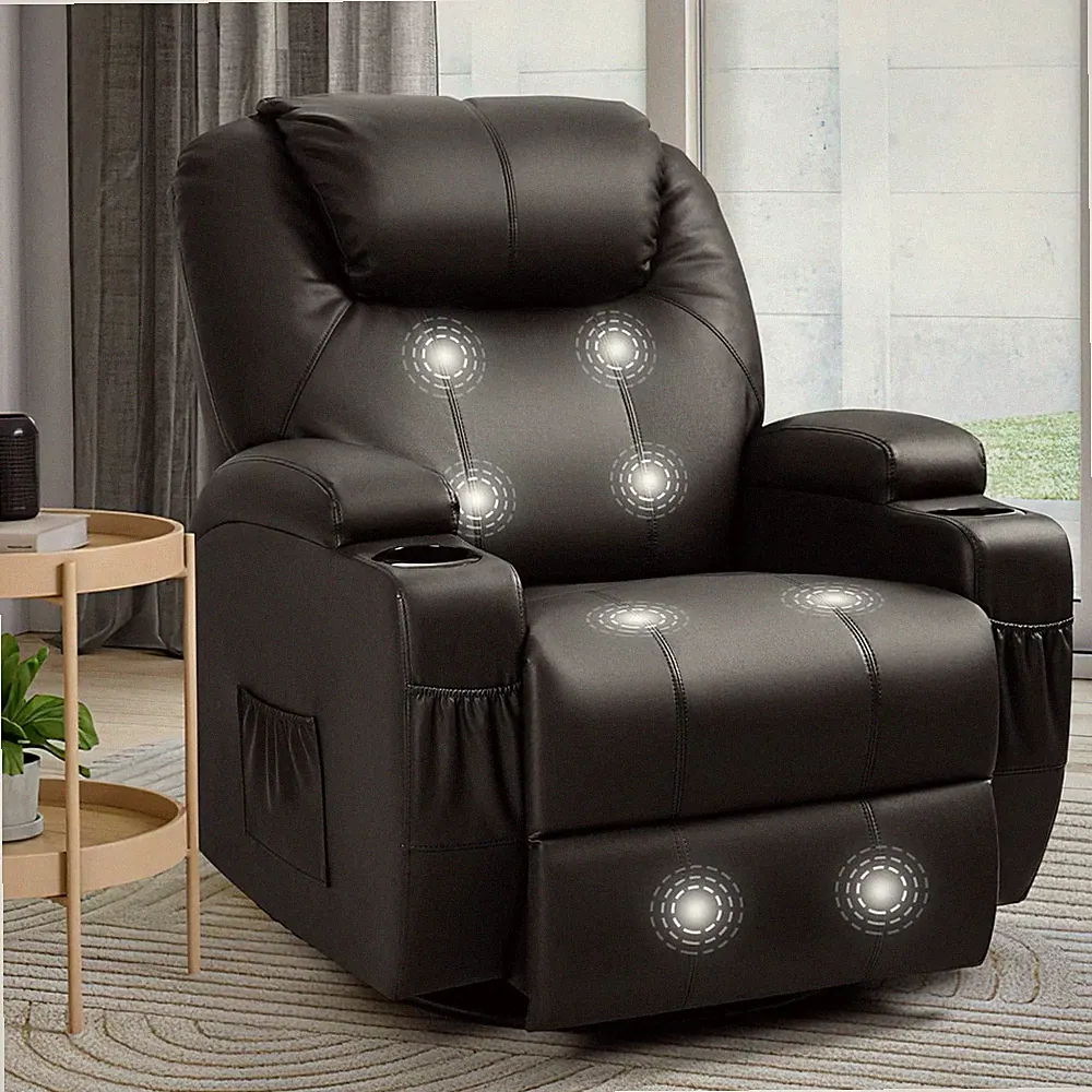 Massage Rocker Recliner Chair with 360° Swivel & Cup Holders - Black