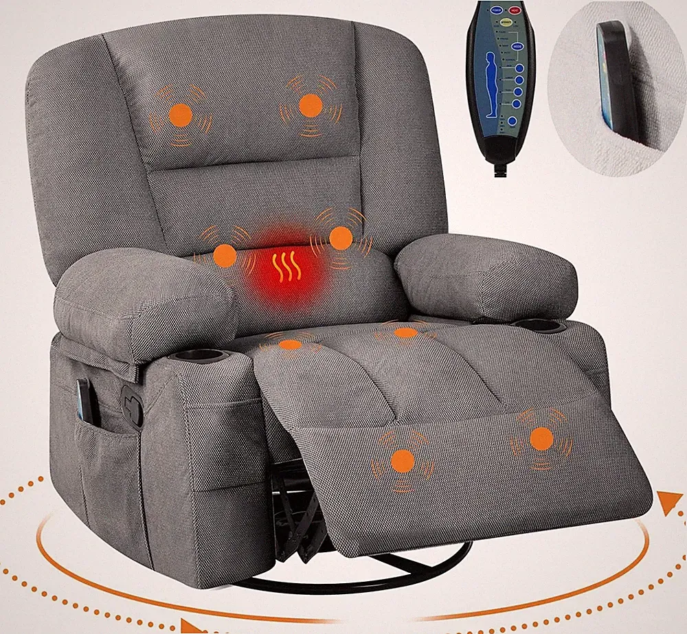 Massage Rocking Recliner Chair with Vibration and Heat, 360° Swivel Rocker Chair
