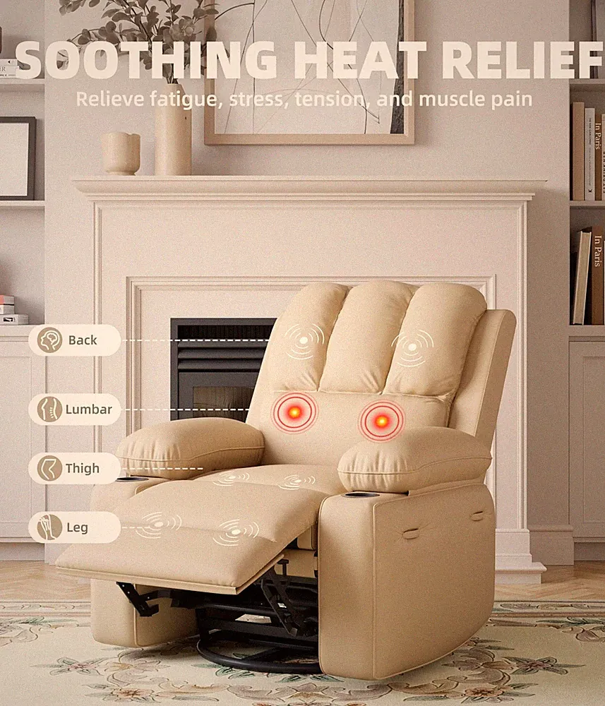 Power 360° Swivel Faux Leather Recliner Chair Heat PU Rocking Chair Oversized