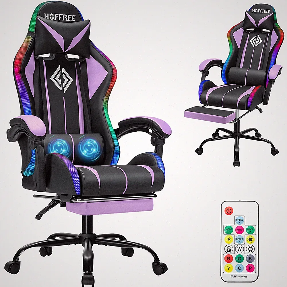 RGB Gaming Chair Massage LED Reclining Ergonomic w/Footrest Lumbar Support US